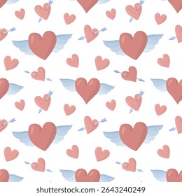 Romantic vector seamless pattern of various hearts with arrows and wings