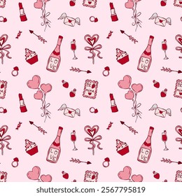 Romantic vector seamless pattern with vine, balloons, sweets in vintage style. Cocktail, love letter, red rose hand drawn background. Valentine's Day illustration