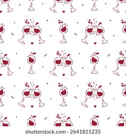 Romantic Vector Seamless Pattern of Wine Glasses with Hearts, Shining Stars, Wine Splashes. Wine Lover Holiday Background