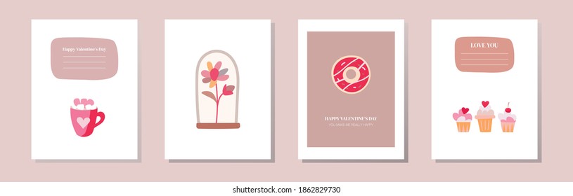 Romantic vector set of cards with love, Valentine's Day. Vector design concept for Valentine's Day in flat style. A mug of cocoa with marshmallows, a rose flower in a flask, a donut with frosting and