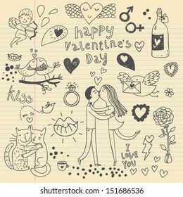 Romantic vector set. A lot of cartoon elements for romantic designs: cupid, couple in love, bird with letter, cats, ring, lips, flowers, hearts and others