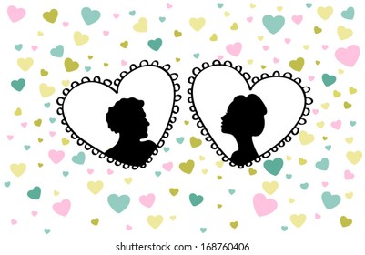 Romantic vector set with couple in love. Cute vector illustration. 