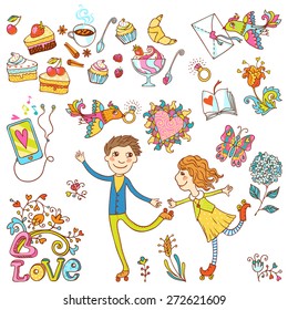 Romantic vector set  with cute roller skate love couple, love lettering, love birds, desserts and flowers. Can be used for cards, invitations, fabrics, wallpapers, stickers and decoration. 
