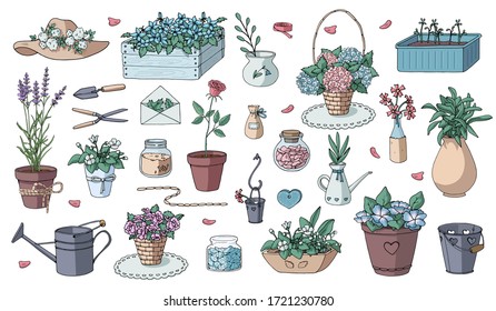  Conjunto romántico vectorial de elementos decorativos del jardín. Gran colección de diferentes macetas de flores y flores para jardinería e interior. Estilo chic Shabby. Ilustración vectorial. Colores Pastel. 