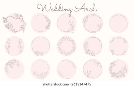 Romantic vector set of floral wedding arches with branches, leaves, and flowers. Perfect for invitations, decor, and branding. Fully editable and isolated elements.