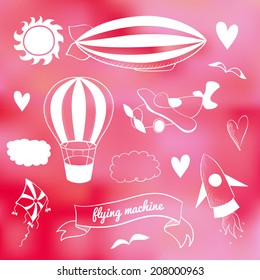 Romantic vector set with flying transport on cloudy romantic pink background