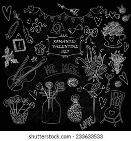Romantic vector set on chalkboard background.Couple of lovers, candies, bouquet, dove, cakes, cocktail and other romantic elements for stylish designs and wedding invitations