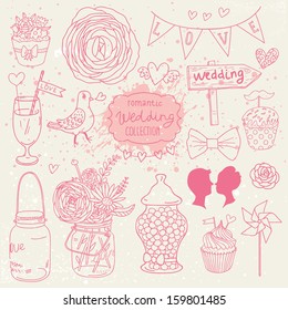 Romantic vector set in pink colors. A lot of vector elements:  tablet, jar, bouquet, bow, cupcake, ring, candy and others