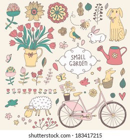 Romantic vector set in vintage style. Cartoon romantic elements - bicycle, watering can, rabbit, dog, rabbit, bouquet, sheep, pigeon and a lot of different spring flowers.