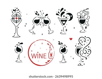 Romantic Vector Set of Wine Glasses with Hearts, Shining Stars, Wine Splashes