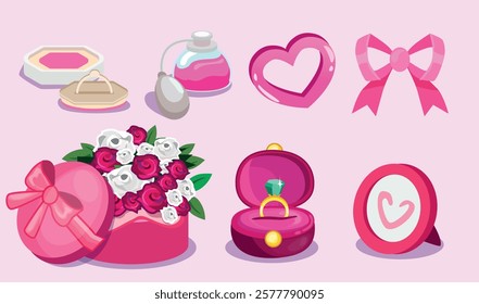 Romantic vector set with; a ring box, flowers, perfume, heart, ribbon, and gifts. Perfect for Valentine's Day, weddings, proposals, and greeting cards.