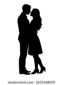 Romantic vector silhouette of a couple in a loving embrace, capturing intimacy and emotional connection. Perfect for Valentine's themes, wedding designs, couple relationship concepts