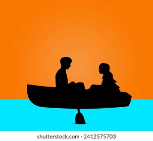 romantic vector silhouette, Valentine's vector, vector silhouette, icon of two people, a man and a woman looking at each other and riding a boat, with an orange background, suitable for Valentine's Da