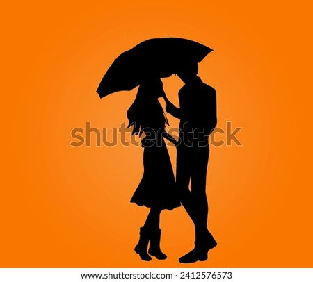 romantic vector silhouette,valentin vector,vector silhouette, icon of two people,man and woman looking at each other and holding an umbrella,on an orange background, suitable for,valentine's day