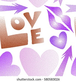 Romantic vector stock illustration in violet and white colors. Love word, hearts and lipstick kiss motley seamless pattern.