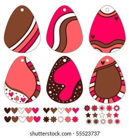 Romantic vector tag or label collection, hearts, flowers and stars