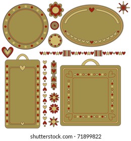Romantic vector tags, labels, flowers and hearts