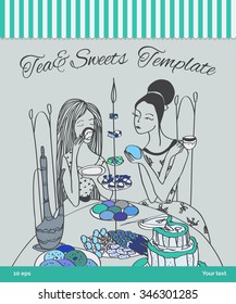 Romantic vector template with girls having breakfast with tea and cupcakes.