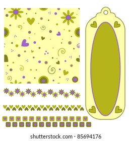 Romantic vector texture, tag and trim collection with hearts, flowers and curls