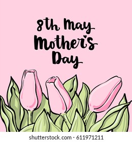 Romantic vector tulip composition with mother's day lettering, Pink flowers on light pink background. Beautiful template for your design or advertise.