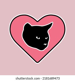 Romantic vector valentine. Pretty little kitten on the backdrop of pink heart as sticker for web design. Lovely cat sticker for design websites, applications, clothes or social network communication. 