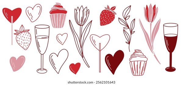 Romantic vector Valentines Day illustration. Contour red and pink hearts, strawberries, tulips, cupcakes, and wine glasses in a minimal hand drawn style. Trendy collection for greeting cards