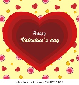 Romantic vector Valentines day post card with red hearts and with seamless pattern on background