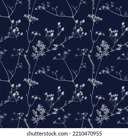 Romantic vegetative botanical vector silhouette monochrome grass leaves herbal seamless pattern for invitation card textile packaging wedding design