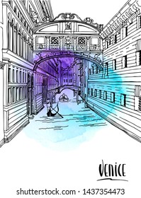 Romantic Venice, seaborn town view. Hand drawn sketch with lettering. Vector illustration on blobs watercolor