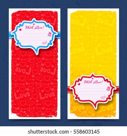 Romantic vertical banners in yellow and red colors with stickers on icons background isolated vector illustration