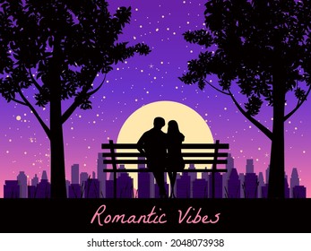 Romantic Vibes Couple lovers on bench in park, under trees. Sunset, night, stars. Vector Happy Valentines Day illustration, silhouette