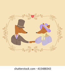 Romantic victorian foxes. Foxes in love. Vector illustration for design