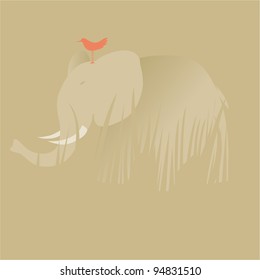 Romantic view of an elephant into the wild with a bird on his head