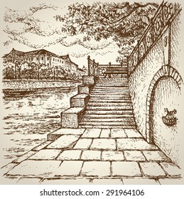 Romantic view of lane along bund, edifice, lanterns and benches on bank dike alley. Vector freehand ink drawn background sketch in art doodle antiquity style pen on paper with space for text on sky