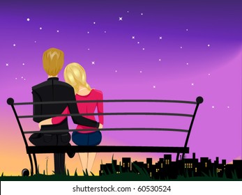 Romantic View of a Male and Female Couple Gazing at the Night Sky While Cuddling With Each Other - Vector