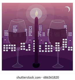 a romantic view of a night sky with a glass of wine and a candle