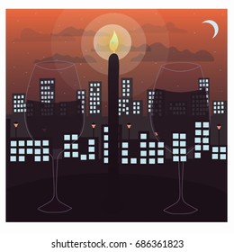 a romantic view of a night sky with a glass of wine and a candle