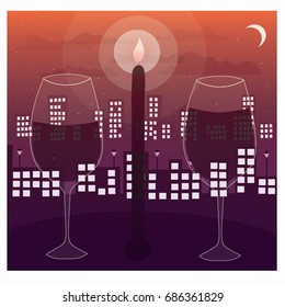 a romantic view of a night sky with a glass of wine and a candle