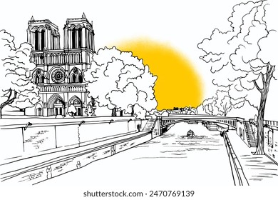 Romantischer Blick auf die alte Pariser Brücke und die Seine. Paris, Frankreich. Handgezeichnete Skizze. Linienart. Freihandzeichnung. Schwarz-Weiß Vektorgrafik Hintergrund auf Weiß. Für Illustration und romantische Postkarten