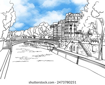 Romantischer Blick auf die alte Pariser Brücke und die Seine. Paris, Frankreich. Handgezeichnete Skizze. Linienart. Freihandzeichnung. Schwarz-Weiß-Vektorgrafik Hintergrund. Blauer Himmel. Zur Illustration und romantischen Postkarten.