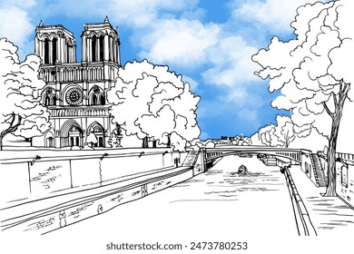 Romantic view of old Paris bridge and river Seine. Notre Dame. Paris, France. Hand drawn sketch. Line art. Ink drawing. Vector background. Blue sky. For illustration and romantic Postcards.