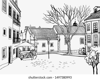 Romantic view of the old square with the old houses. Ancient European city. Urban landscape sketch. Hand drawn style. Line art. Black and white vector illustration on white.