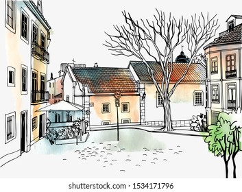 Romantic view of the old square with the old houses. Ancient European city. Urban landscape colorful sketch. Hand drawn style. Line art. Black and white vector illustration on background watercolor.
