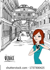 Romantic view of the old Venice. Young pretty travel girl with a camera. Urban landscape. Hand drawn line sketch. Colourful and black and white vector illustration