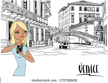 Romantic view of the old Venice. Young pretty travel girl with a camera. Urban landscape. Hand drawn line sketch. Colourful and black and white vector illustration