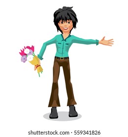 Romantic view of a young man holding out a bouquet of flowers and makes inviting gesture. Happy birthday, Valentine's Day. Flat isolated vector illustration