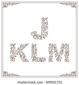Romantic vine and flower alphabet letters. Vintage ornament from vine, branch, leaves elements. Decorative font, type, for wedding card, invitation design, logo, sign. Typography design 