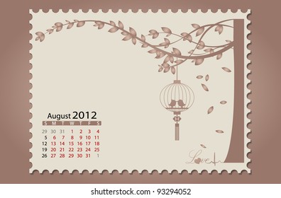 Calendario romántico vintage de 2012, agosto. Ilustración vectorial. Fácil de editar.