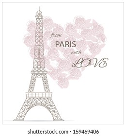 Romantic vintage background with eiffel tower and heart of roses.