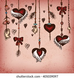 Romantic vintage background with ethnic feathers, hearts and ethnic elements. Ethnic tribal border in native style. Borders with feathers and stripe. Tribal theme. Romantic